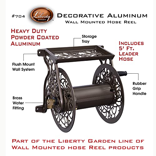 Decorative Cast Aluminum Wall Mount Garden Hose Reel - Holds 125 Feet, No Guide, Bronze Finish