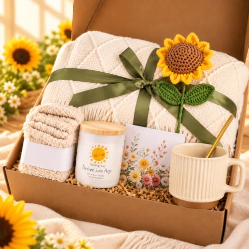Sunflower Gift Basket for Women - Self Care Set with Blanket, Socks & Mug