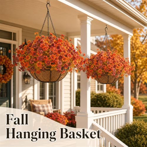 Artificial Fall Hanging Baskets Outdoor Set with Faux Flowers, 2 Pcs Orange Red