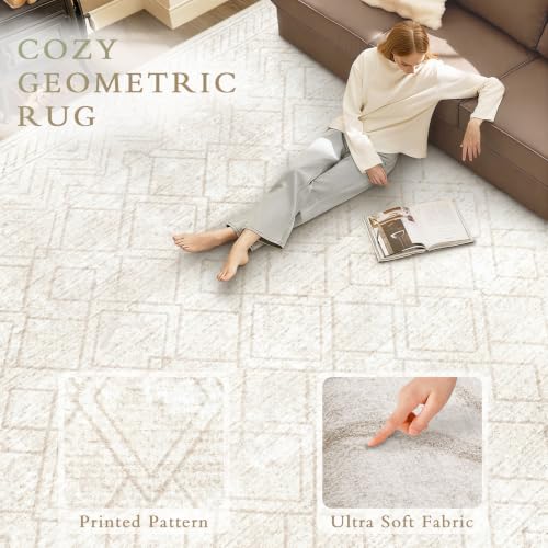 TENGTENGLINK Beige 8x10 Washable Geometric Area Rug - Non-Slip Indoor Carpet for Living Room & Bedroom