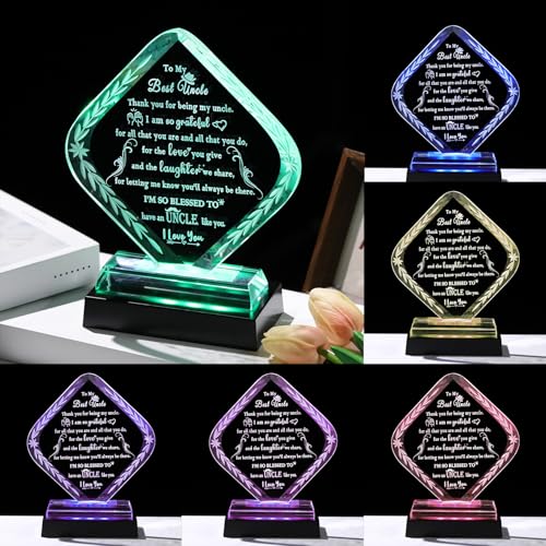 Personalized Uncle Crystal Plaque Gift from Niece & Nephew - Heartfelt Decorative Award with LED Light Base
