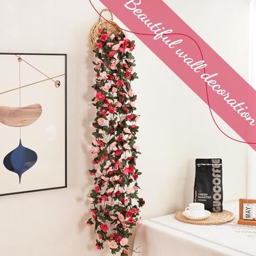 2 Pcs 16.5 Ft Flower Garland Rose Vines, Pink Rose Garland for Decoration, Flower Vine for Bed Room Table Birthday Wedding Party Garden Wall Decor