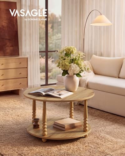 VASAGLE 2-Tier Round Coffee Table with Storage - Natural Brown