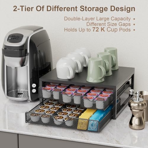 Coffee Pod Holder for Counter - Black Wooden 3 Pull-Out K-Cup Organizer