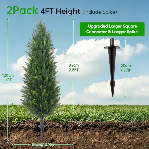 Dark Green 4FT Artificial Cedar Topiary Trees (2 Pack) with Ground Spikes for Garden & Home Decor