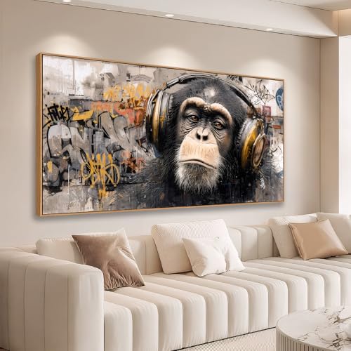 Sorbrozo 24x48in Gorilla Wall Art with Orange Headphones – Street Graffiti Canvas, Modern Animal Decor for Bedroom & Man Cave (Grey-4)