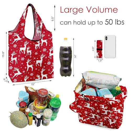 BeeGreen Christmas Deer Santa Reusable Grocery Bags 10 Pack with Zipper Pouch