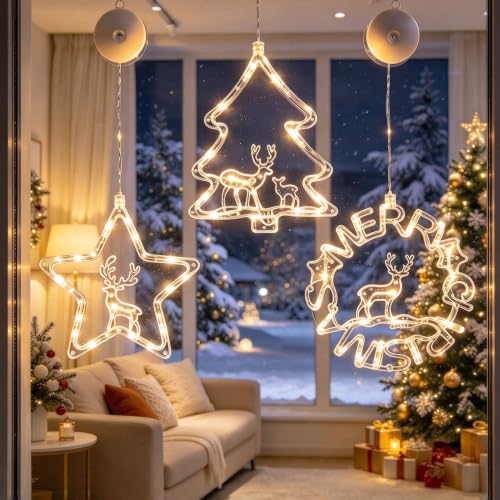 Gooyule Warm White 3-Pack Window Silhouette Lights with 6/18h Timer (Battery Operated) Indoor Xmas