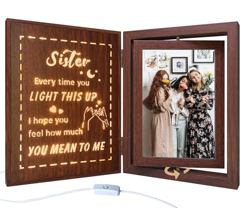 Soruney Sister 4x6 Rotating Lighted Picture Frame - USB Powered Wood Gift for BFF
