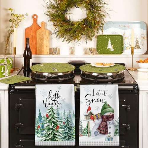 Winter Kitchen Towels, Hello Winter Towels Set of 2, Christmas Tree Snowflakes Dish Towels for Kitchen with Black White Buffalo Plaid Cardinal Let It Snow Seasonal Gifts Decor for Home, 18x28 Inches