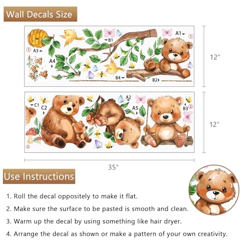 Yovkky Woodland Animals Bear Wall Decals Stickers, Forest Cute Birds Branch Swing Honeycomb Infant Neutral Toddler Baby Nursery Decor, Butterfly Bee Leaves Mushroom Decorations Kids Bedroom Playroom