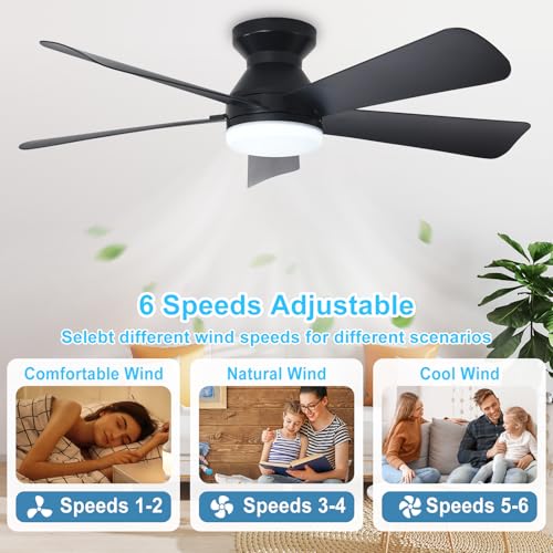 Depuley 42-Inch Black Ceiling Fan with Light & Remote Control - Indoor Outdoor, Dimmable, Reversible Blades, 6 Speeds, Timer