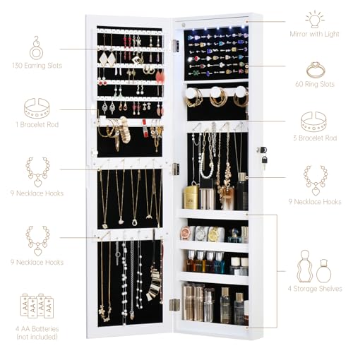 White Full Length Mirror Jewelry Cabinet Organizer with Lock & LED Lights - Off White, 43.3x12.4 Inches
