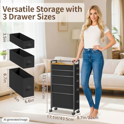 LASZOLA Narrow Slim Bathroom Storage Cabinet with 5 Fabric Drawers - Black, 29.5-33.5"H, Adjustable Feet & Top Shelf