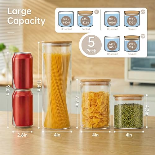 Round Glass Storage Containers with Bamboo Lids for Pasta & Flour, 5