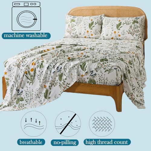 Zusbest Green King Size Floral Cotton Bed Sheet Set with Deep Pockets - 4 Pieces