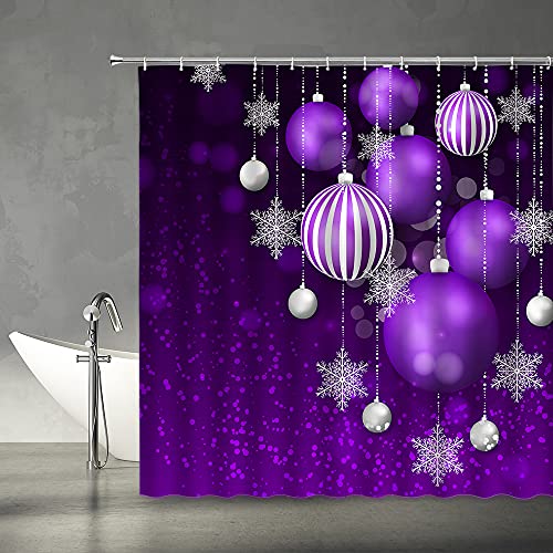 Merry Christmas Shower Curtain Purple Balls Xmas Winter Holiday Happy