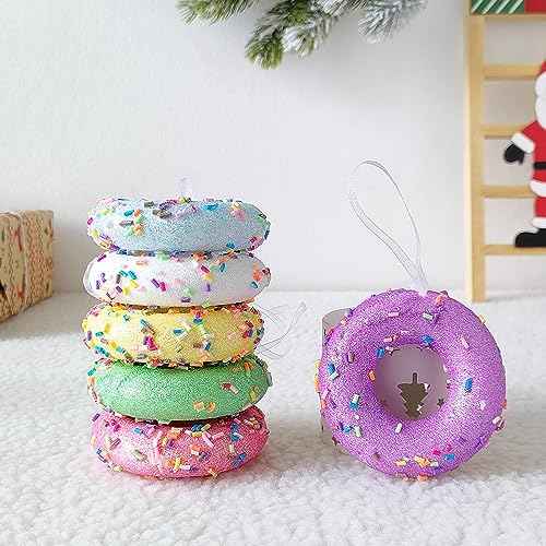 6 Pack Christmas Donut Ornaments Christmas Tree Hanging Ornaments Macaron Donut Dessert Ornament Set for Xmas Tree New Year Pendant Home Holiday Party Decor