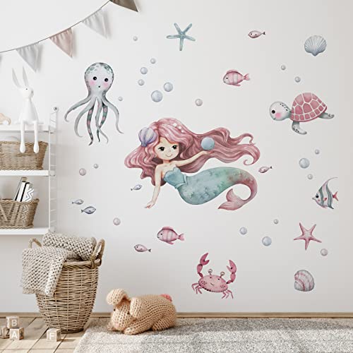Mfault Mermaid Under The Sea Wall Decals Stickers, Baby Girls Ocean Creatures Nursery Decoration Bedroom Playroom Art, Coastal Beach Octopus Turtles Shell Bubble Fish Kids Room Bathroom Home Decor