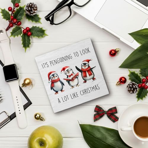 Penguin Christmas Wood Box Sign, 5x5 Inch Desk & Wall Decor