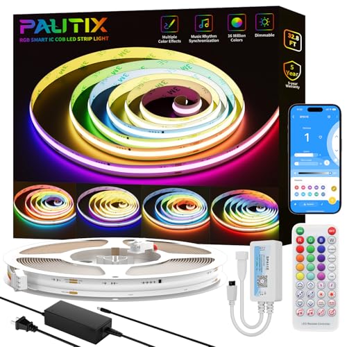 PAUTIX 32.8ft RGB Smart IC COB LED Strip Light - App Control, Music Mode, Multicolor Flexible Tape for TV & Bedroom