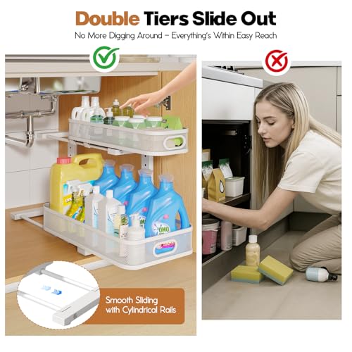 Biboraya 2 Pack Under Sink Organizer White - 19.3-inch Depth, 2-Tier Pull-Out Storage, Height Adjustable, Rust-Resistant Kitchen & Bathroom Cabinet Organizer