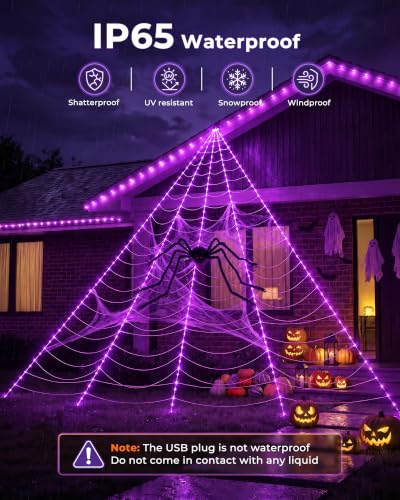 Halloween Decorations Spider Web Lights - Purple 16.4Ft LED Light Up Web & Lifelike Spider