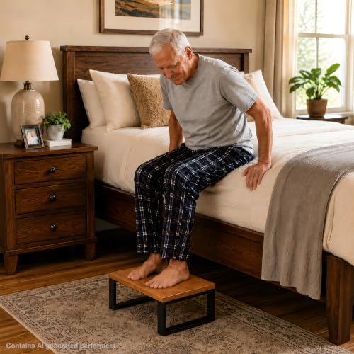 Wooden Step Stool for Bed - Portable Small Stool with Iron Frame - Light Walnut