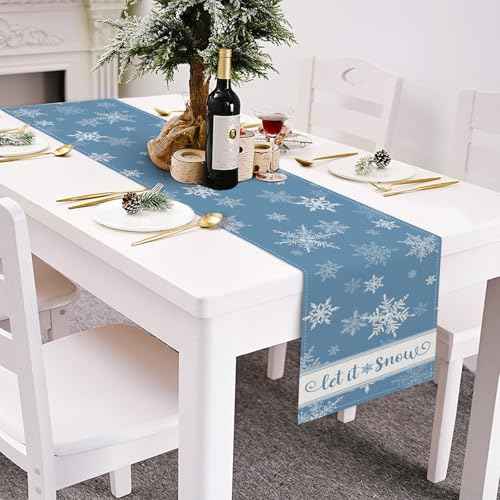 Bonhause Winter Christmas Table Runner 13x72 Inch Blue Snowflakes Let It Snow Xmas Seasonal Holiday Kitchen Dining Table Decoration for Indoor Outdoor Home Party Decor