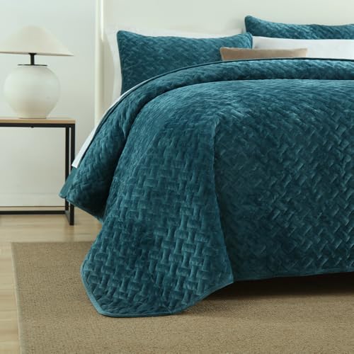Liians Velvet Bedspread Quilt Coverlet Bedding Set Teal King Size