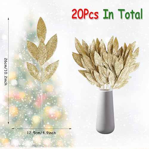 KIMOBER 20PCS Christmas Artificial Leaves,Glitter Golden Fake Floral Spray Picks Branches Twig for Xmas Tree Wreath Wedding Bouquet Decoration