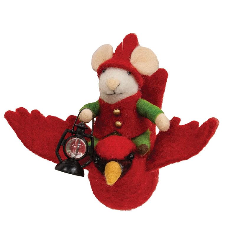 Bright Ideas Festive Mouse on Flying Cardinal Felted Christmas Ornament