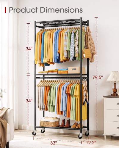Large Black Clothes Rack with Shelves & Wheels - Multi-Functional Wardrobe Organizer