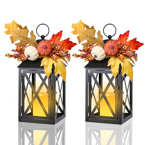 Fall Lanterns with LED Candles 2 Pack 12 Inch Thanksgiving Decor