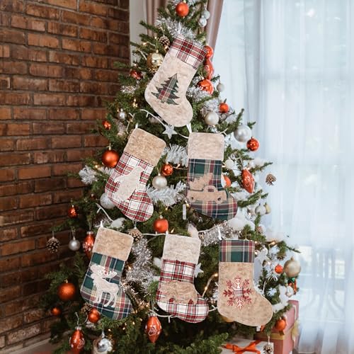 LUBOT 4 Pack Christmas Stockings 20" Red Green Plaid Plush Rustic Farmhouse Decor