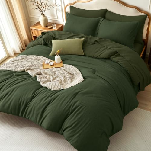 Dark Green King Comforter Set - Upgraded 7-Piece Bed in a Bag with Linen-Like Texture