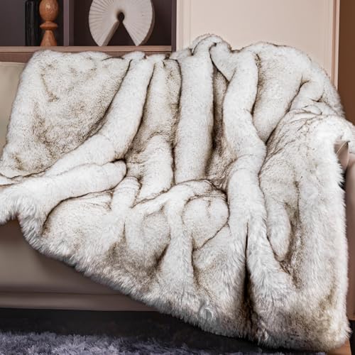 Touchat 1000GSM Faux Fur Throw Blanket - White/Brown 50x60in Super Thick Cozy Reversible Mink for Couch & Bed