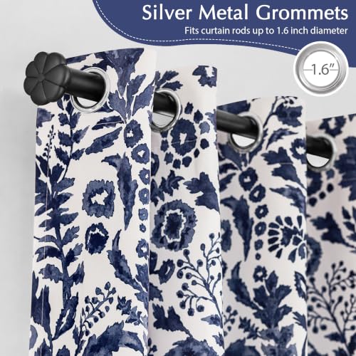 Navy Grommet Blackout Curtains 2 Panels - 52x84 Inches, Modern Floral Design