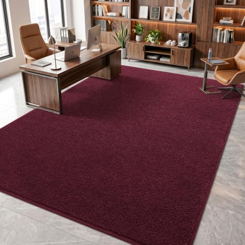 7x10 Burgundy Red Room Rug - Soft Fluffy Washable Low Pile Non-Slip Carpet for Bedroom & Living Room