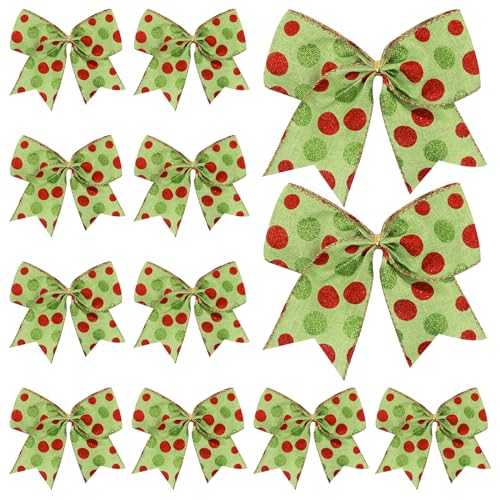 DIYDEC 12pcs Christmas Bows Ornaments 6.3 Inch Large Christmas Wreath Bows Red Green Xmas Tree Bow Glitter Dot Bows Ribbons Decoration for Garland Wedding Home Holiday Party