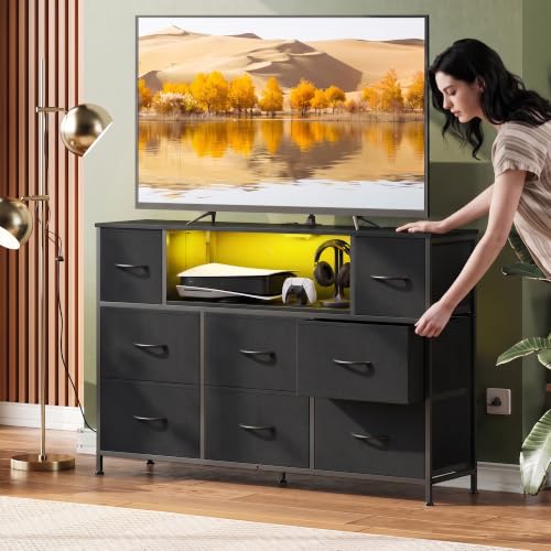 WLIVE LED Black Dresser TV Stand for 55 Inch TV, 8 Drawers