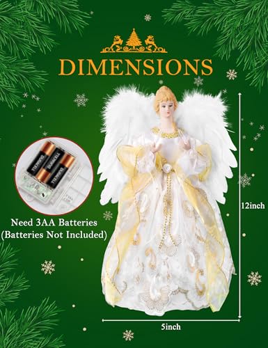 PEEKI 12-inch Gold Angel Christmas Tree Topper with Lights & Remote Control