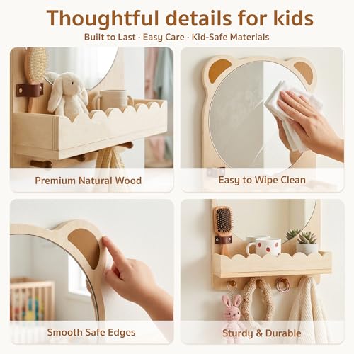 Montessori Toddler Wall Mirror with Hooks & Shelf - Child Safe Nursery Mirror