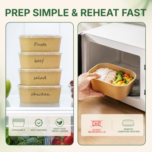 HestiaSnax 29oz Disposable Kraft Paper Meal Prep Containers with Lids - 50 Pack