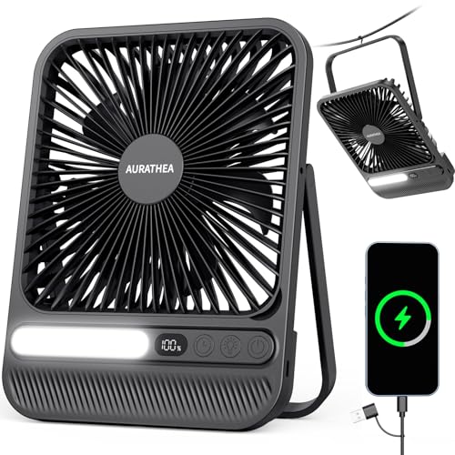 AURATHEA 10000mAh Portable Travel Fan with LED Light & Timer, Rechargeable Desk & Camping Fan