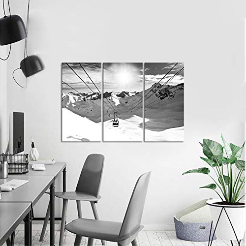 Winter Ski Lift Wall Art Canvas Print - Black & White Mountain Landscape Decor