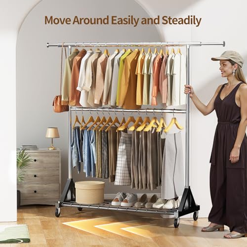 Heavy Duty Clothes Rack with Lockable Wheels - 600 LBS Capacity, Black + Silver