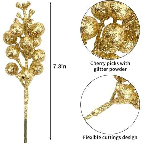 DIYASY Glitter Gold Berry Stems,20 Pcs 7.8 Inch Artificial Christmas Tree Picks Decoration and Christmas Tree Filler Ornaments,DIY Xmas Wreath, Holiday and Home D?cor