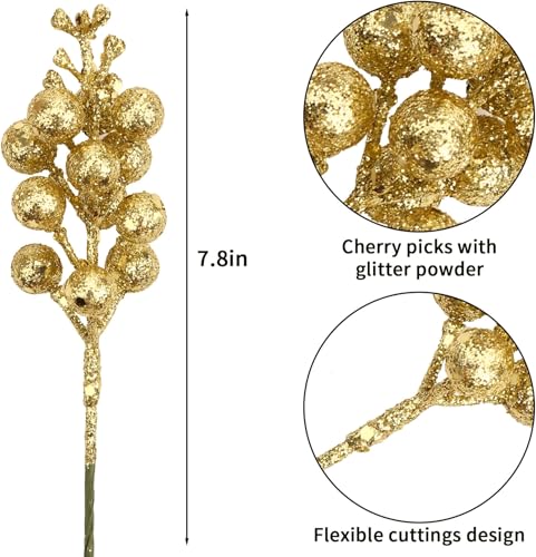 DIYASY Gold Glitter Berry Stems - 20 Pcs Artificial Christmas Tree Picks & Wreath Decor