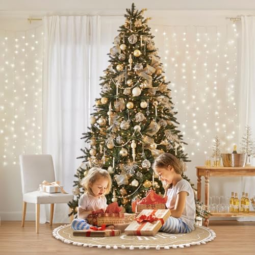AerWo 48 Inch Burlap Christmas Tree Skirt with Snowflake Pattern – Brown